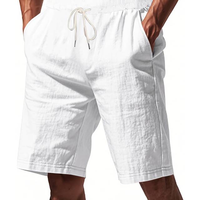 TEMU Men's Lightweight Breathable Linen Casual Shorts - Regular Fit With Adjustable Drawstring Waist & Side Pockets, Solid Black For Summer Sports & Leisure, Gym Shorts