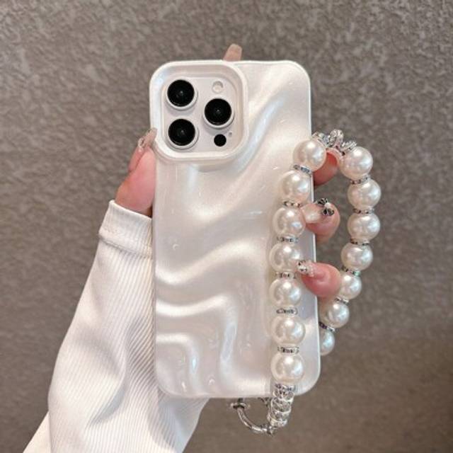 SHEIN High-End Minimalist Pearl White 3D Wave Pattern Phone Case + Wrist Strap Compatible With IPhone 16 Pro Max/16/16 Pro/16 Plus/15/15 Pro Max/15 Pro/11/1