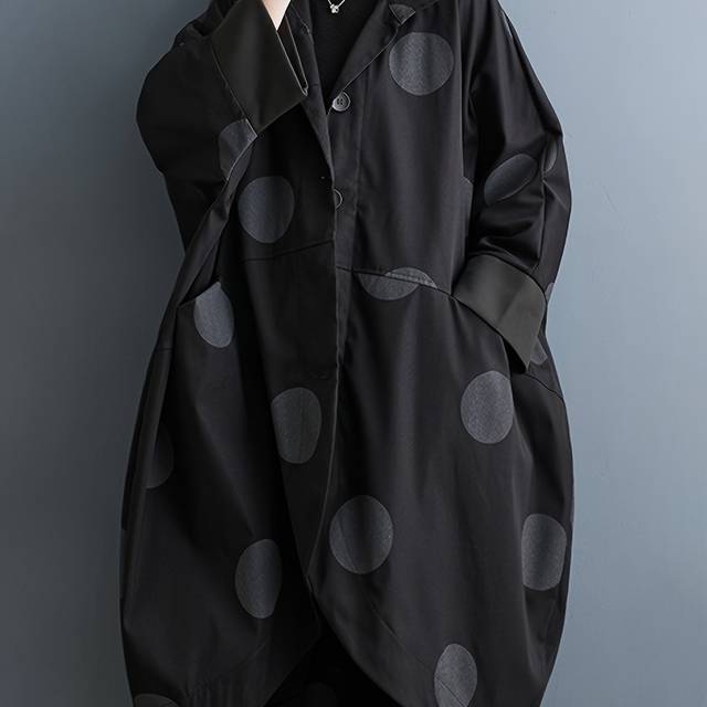 TEMU Women's Vintage-inspired Polka Dot Trench Coat - Casual Batwing Sleeve, Button-up Mid-length Windbreaker With Black Belt, Fall & Winter, Casual Outerwear | Vintageinspired Coat | Nonpadded Coa