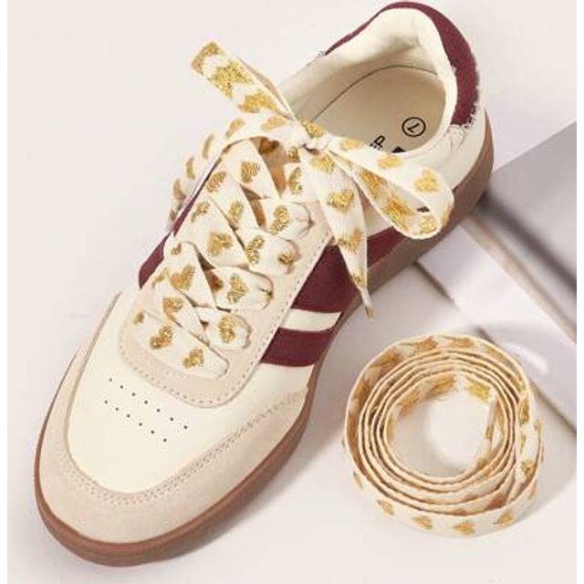 SHEIN 1 Pair 120cm Heart Shaped Shoelaces - Metallic Gold On White Glossy Hearts, Durable & Lightweight 47.24 Inch Accessory For Sports, Casual Shoes, Fashi