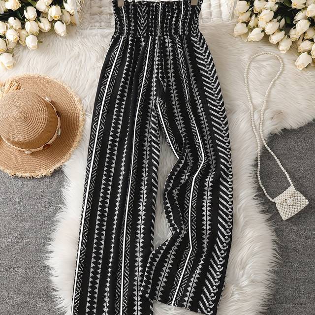 TEMU Women's Elegant Geometric-patterned Wide Leg Pants With Shirred Waist - Loose Fit, , Polyester Fabric, Spring/summer/fall, Casual , Casual Attire|geometric Print Pants|polyester Fabric