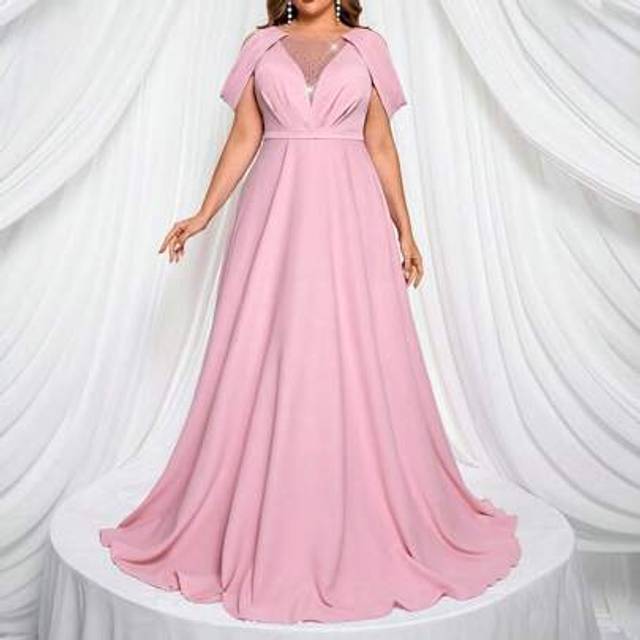 SHEIN Plus Size Ruffle Collar Pleated Fabric Decoration A-Line Rhinestone Embellished Sheer Neck Elegant Romantic Pink Bridesmaid Dress