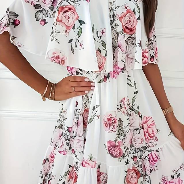 TEMU Print Dress - Short Sleeve Bohemian Beach Tank Dress With Hem, Pink Roses & Green Foliage Design, Machine Washable, Summer Casual Wear For Women, Beach Dresses, Attire, Flowy Skirt Style