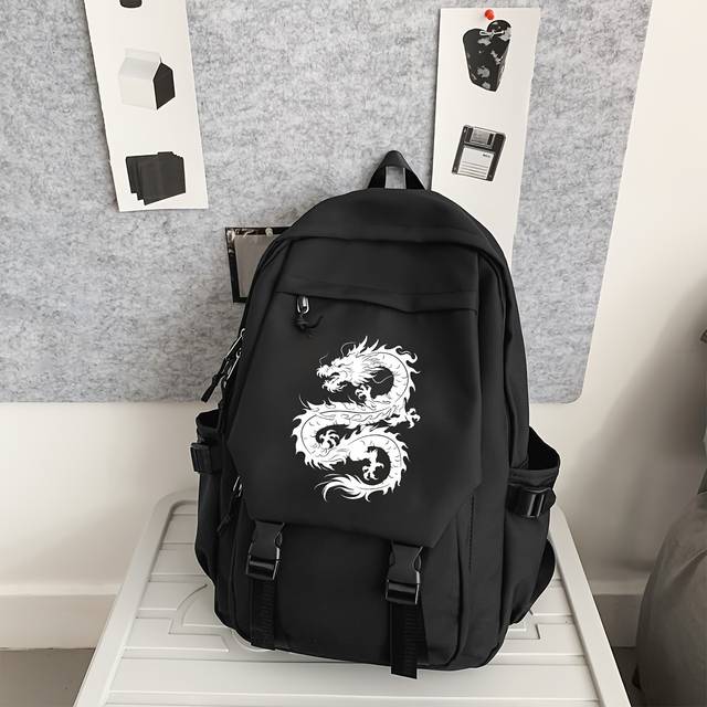 TEMU Cool Dragon Design Nylon Backpack For Men, Daily Commute Black Rucksack With Adjustable Straps, Polyester Lined Zippered Bag, Sewing Thread Detail, For 15+ Years Old - No Wash Needed