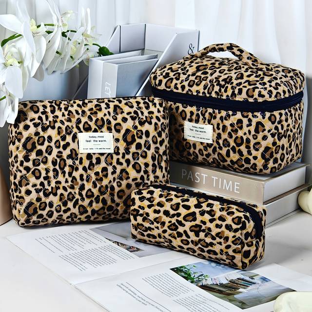 TEMU Stylish Leopard Print Quilted Cosmetic Bag Storage Bag, Portable Travel Storage Bag Makeup Bag, Multifunctional Large Capacity Storage Bag Wash Bag, Fashion Matching, Trend Single
