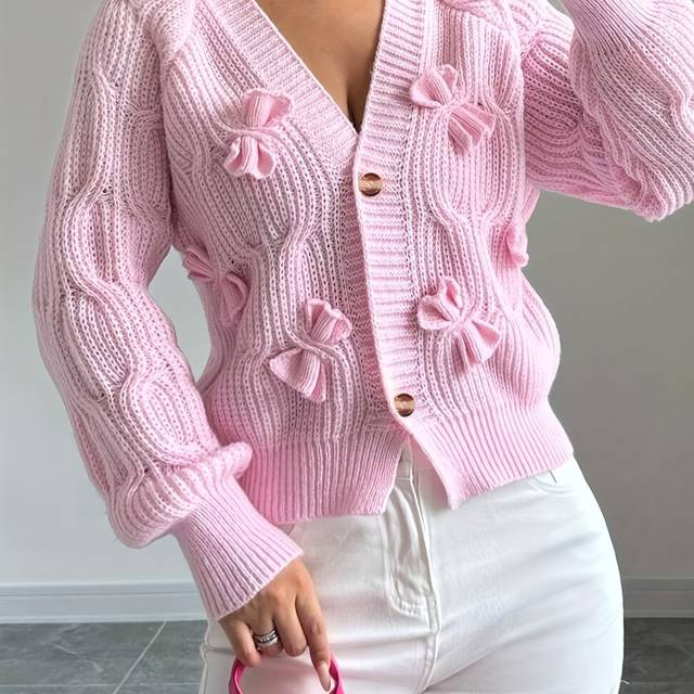 TEMU Elegant Women's 3d Bow Long Sleeve Knitted Cardigan