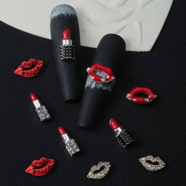 SHEIN Valentine&#39;s Day Luxury Exquisite Shiny Rhinestone Mouth Lipstick Nail Charms 10pcs 3D Alloy High-Grade Full Rhinestone Nail Art Decorations DIY 2025 G