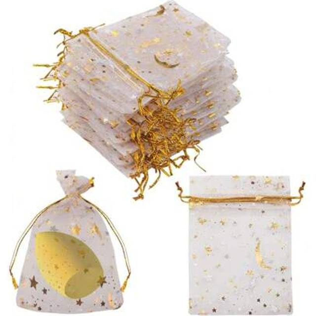 SHEIN 100pcs Moon & Star Organza Jewelry Candy Bags, Transparent Golden Organza Gift Bags With Drawstring, For Anniversary, Bridal Shower, Baby Shower, Grad