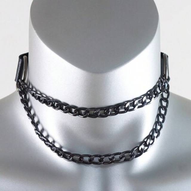 SHEIN Adjustable 2 Rows Black Chain Leather Collar Men Punk Rock Harness Jewelry Necklace Accessories Dating Black