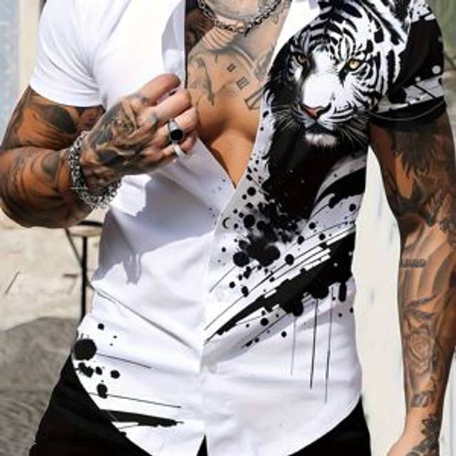TEMU Men's 3d Tiger Print Button-up Shirt - Stylish Summer Casual, White Dress Shirt With Black & White , Machine Washable Polyester Fabric, Loose Fit For Adult Men