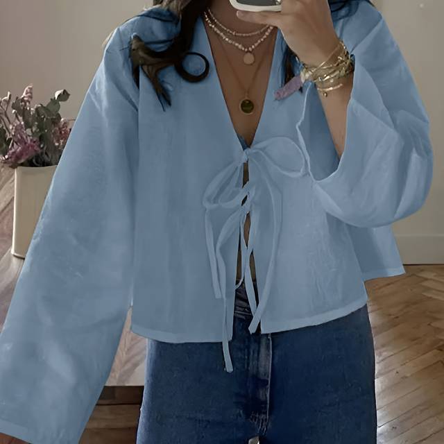 TEMU Women' Blue Casual Blouse With Lace-up Detail - Long Sleeve, Button-up Front, Polyester, Spring & Fall, Ladies Blouse