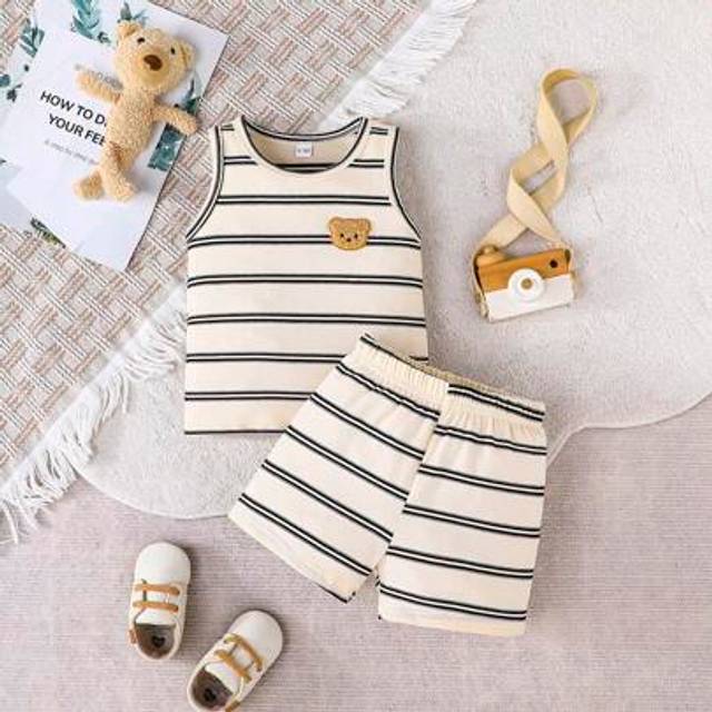 SHEIN Baby Boy Summer Cute Caterpillar Decor Sleeveless Striped Tank Top+Striped Shorts Set, Casual & Comfortable Outdoor Outfit