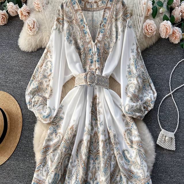 TEMU Elegant Vintage-inspired Lantern Sleeve Dress With V-neck And Waist Cinching Design, Floral Print A-line Midi Dress For Women - Spring/summer, Floral Print Dress
