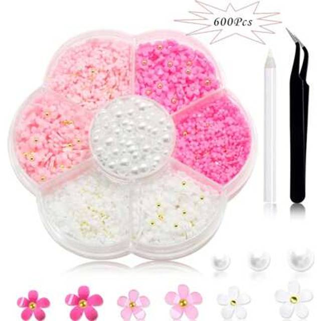 SHEIN 600Pcs 3D Flowers Nail Charms And Flatback Pearls,Pink White Acrylic Flower For Nail Decoration Design Gold Beads,White Half Pearls For Nail Supplies