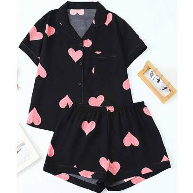 SHEIN Plus Size Women&#39;s Polka Dot & Heart Print Short Sleeve Shorts Pajama Set, Open-Front House Outfit