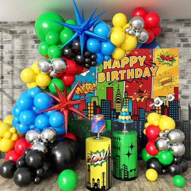 SHEIN 137pcs Superhero Themed Balloon Arch Kit: Includes 22&#34; Red & Blue Star Foil Balloons, 18&#34; & 10&#34; Red, Black, Silver, Green, Yellow, Blue, Red, Black, S