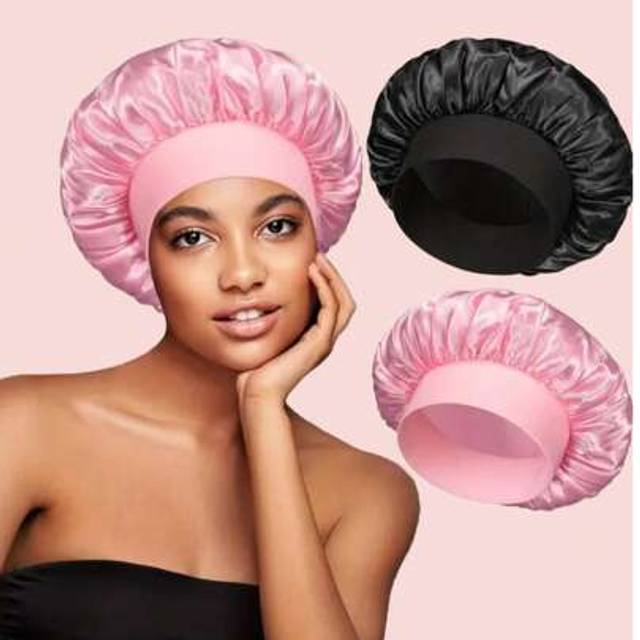 SHEIN 1/2Pcs Silk Bonnet For Sleeping, Satin Hair Bonnets, Soft Elastic Band Silk Sleep Cap, Silk Hair Wrap For Curly Hair (Black&Pink) Home Bathroom Decor