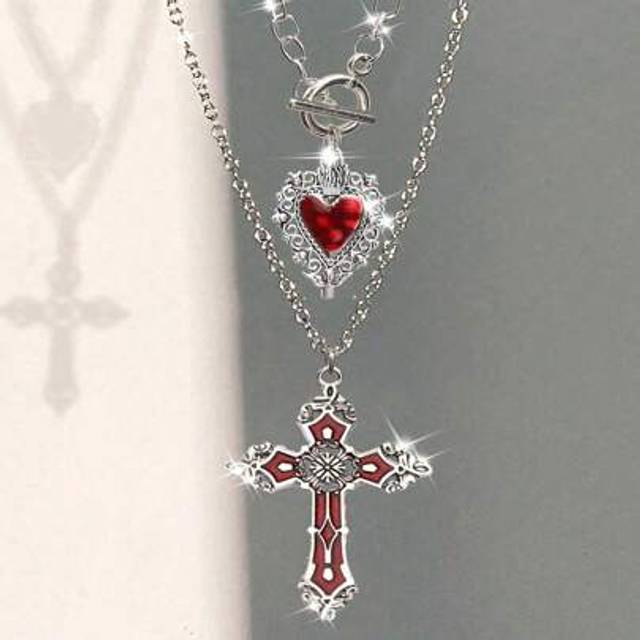 SHEIN 2pcs/Set Vintage Gothic Style Dark Heart & Cross Pendant Necklace And Earrings, Punk Rock Dark Fashion Jewelry Set For Women Valentines,Mom,Mother,Mot
