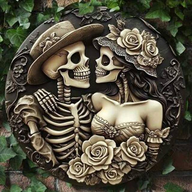 SHEIN 1pc Gothic Skull Couple Metal Sign - Round Wall Art 20.32 X 20.32 Cm, Suitable For Kitchen, Living Room, Office - Charming Day Of The Dead And Holiday