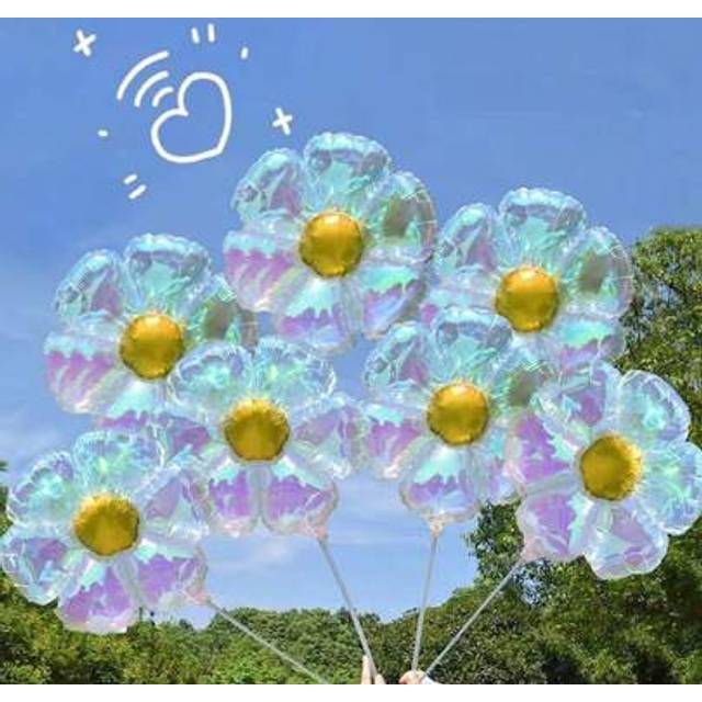 SHEIN 1/3/5/6/10/12PCS 19Inch Transparent Laser Daisy Flower Aluminum Foil Balloons, Holographic Sunflower Shaped Balloon For Theme Party Supplies Birthday