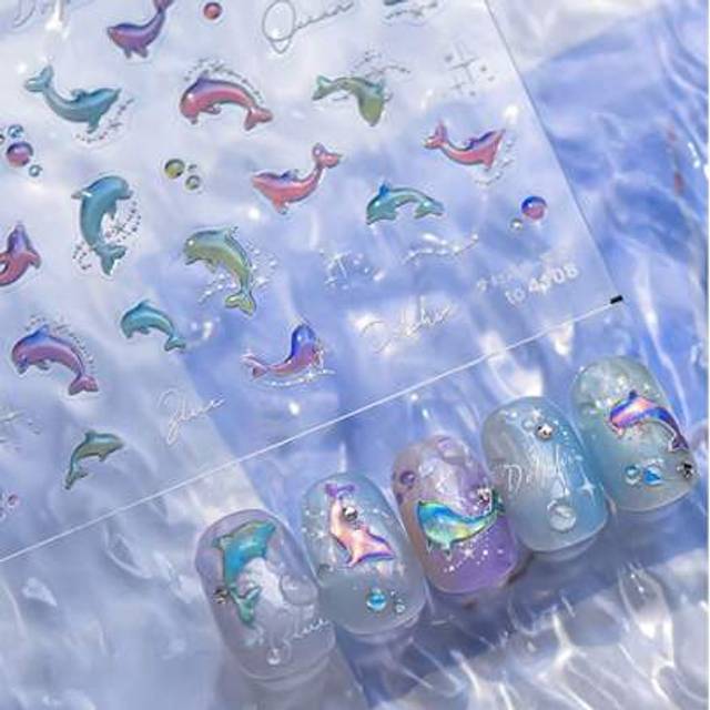 SHEIN 5D Jellyfish Nail Art Stickers - Glow-In-The-Dark Dolphin & Marine Life Decals For DIY Manicures, Self-Adhesive PU Material, Vibrant Pastel Colors, Pe