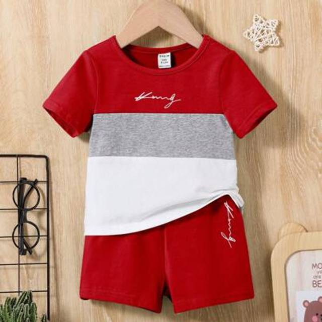 SHEIN 2pcs Baby Boy Color Block Soft Knit Lettter Print Set