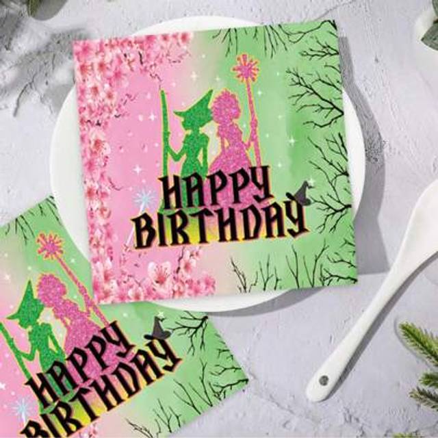 SHEIN 20 Witch Happy Birthday Table Decoration Napkins, Pink And Green Witch Double Color Birthday Party Napkins, Suitable For Birthday Party Decoration, Bi