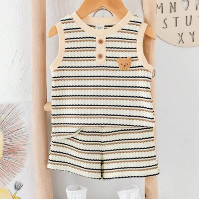 SHEIN 2pcs/Set Baby Boy Summer Cute Knitted Stripe Cartoon Pattern Tank Top And Shorts Set