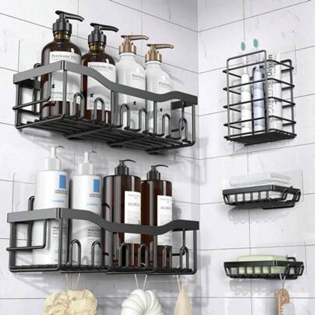 SHEIN Adhesive Shower Caddy, 5 Packs Rustproof Stainless Steel Bath Organizers With Large Capacity, No Drilling Shelves For Bathroom Storage & Home Decor Ho