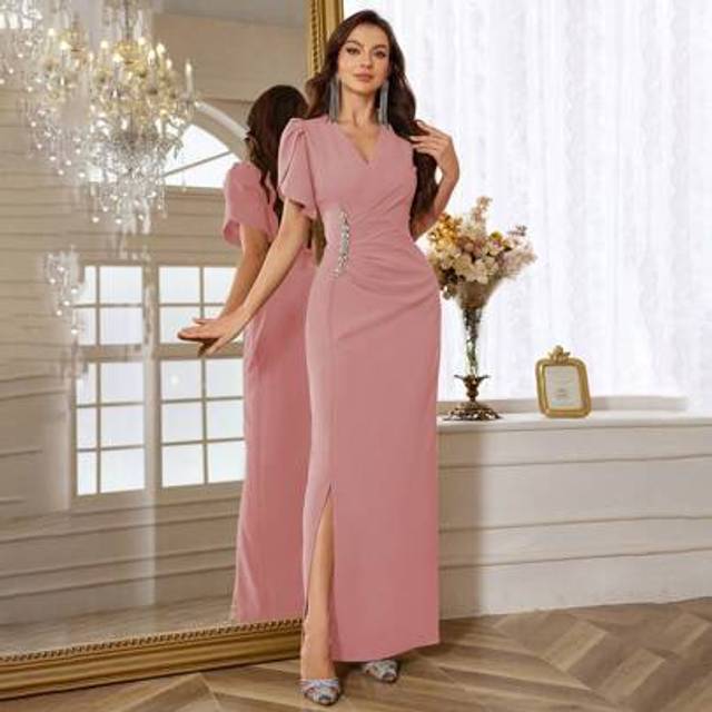 SHEIN Women&#39;s Formal Evening Gown Dress With Puff Sleeves & Rhinestone Decor, Side Slit, Party Dress, Wedding Guest Dress
