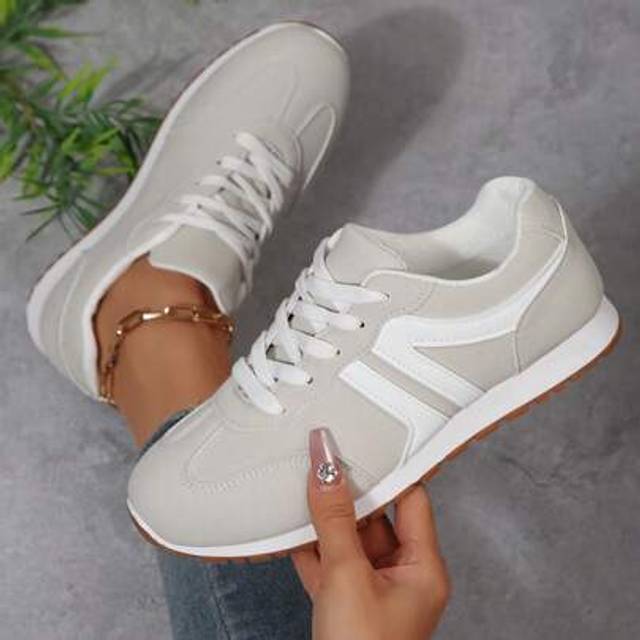 SHEIN New Vintage Style Beige Casual Fashion Minimalist Flat Sneakers For Women, Versatile, Soft Sole, Non-Slip, Lace-Up, Outdoor Sports Shoes, Plus Size