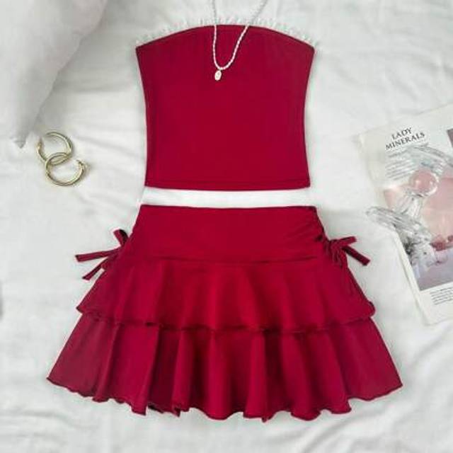 SHEIN Teen Girl Wine Red Lace Trim Tube Top & Knit Mini Skirt 2 Pieces Set, Cute & Sweet For Casual / Home Wear