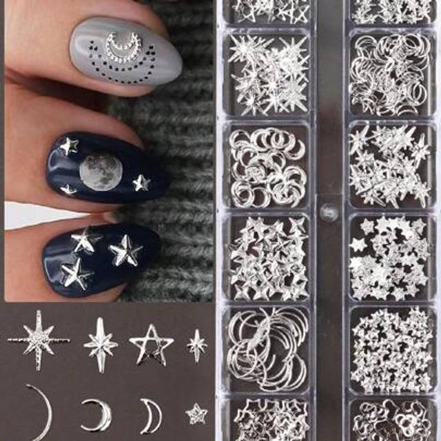 SHEIN 1 Pc Star Nail Charms For Nails Kit 3D Silver Nail Charms Butterfly Moon Stars Mixed Design Metallic Studs Gems Nail Rhinestones Star Nail Jewelry For