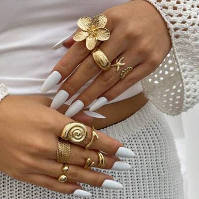 SHEIN 8pcs Tropical Ocean-Inspired Gold Metal Starfish, Flower & Water Drop Ring Set, Suitable For Daily, Party, Holiday Gift