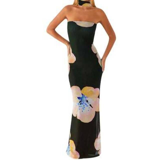 SHEIN Women Floral Tube Top Dress Slim Off Shoulder Sleeveless Open Back Long Bodycon Dress With Scarf