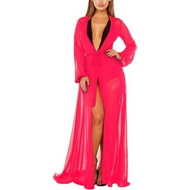 SHEIN Women Chiffon Bikini Cover Ups Long Sleeve Deep V Neck See-Through Maxi Dress Sexy Lace-Up Summer Beachwear