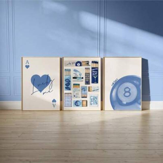 SHEIN Set Of 3 Vintage Matchbox Print Ace Of Hearts Print Lucky You Poster Retro Matchbook Art Vintage Pool Ball Funky Blue Aesthetic Print Decor Canvas Pai