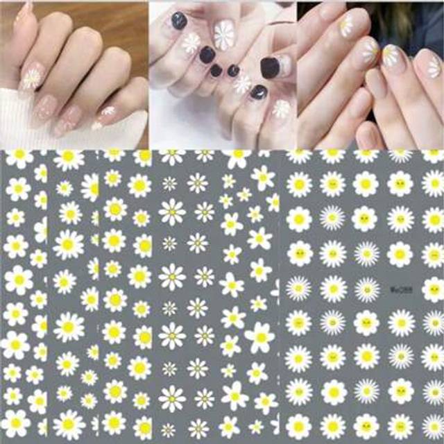SHEIN 1PC 3D Nail Art Flower Daisy Embossed Stickers Nail Sliders Decals Daisy White Florals Petals Flowers Back Glue Nail Sticker Decoration
