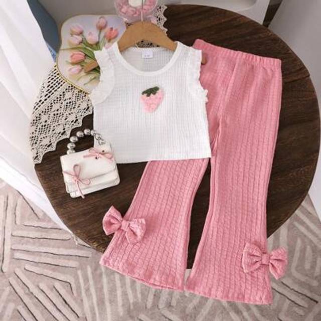 SHEIN 2pcs Young Girl Elegant School Style Strawberry Print Vest Top + Long Pants Lightweight Summer Set