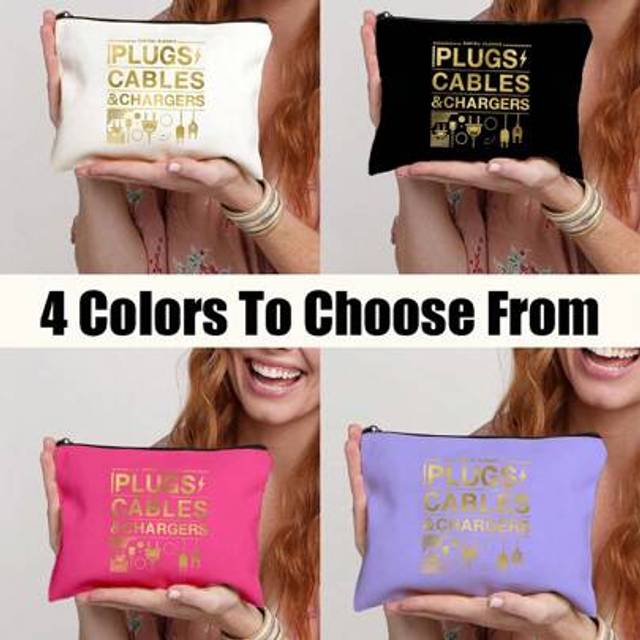 SHEIN Golden Travel Charger Data Cable Pattern Theme Printed Zipper Makeup Bag,Large Capacity Makeup Bag, Cosmetic Bags,Cosmetic Bag With Data Cable Pattern