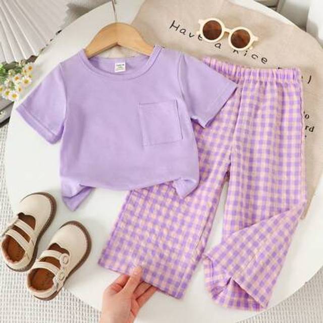 SHEIN 2pcs/Set Baby Girl Plaid Print Comfortable Fashion Versatile All-Match Top And Shorts, Spring/Summer