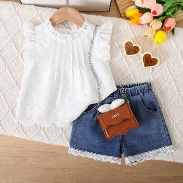 SHEIN 2pcs/Set Baby Girl Embroidery Lace Ruffle Blouse + Floral Denim Shorts Outfit, Summer