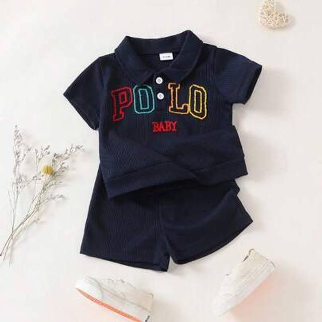 SHEIN 2pcs Baby Boy Colorful Letter Embroidery Long Sleeve Polo Shirt And Waffle Shorts Set, Collegiate Style, Spring/Summer, Versatile
