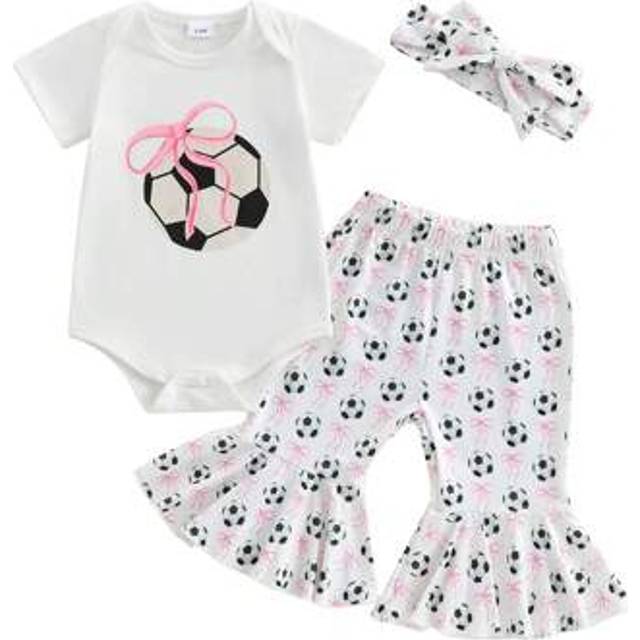 SHEIN Baby Girls 3Pcs Summer Outfits Short Sleeve Romper + Pants + Headband Set Soccer Clothes
