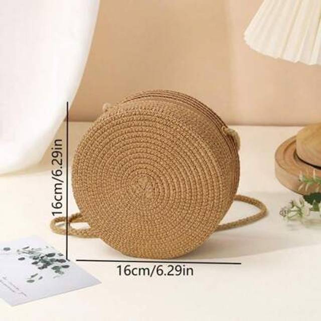 SHEIN 1pc 2025 New Summer Cute Oversized Round Straw Woven Shoulder Bag, Cell Phone Small Crossbody Bag, Beach Bag, Fashion Phone Pouch, Coin Purse, INS Sol