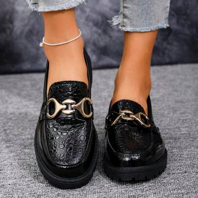 SHEIN 2024 New Fashionable Elegant Metal Buckle Vintage Mirror Surface Waterproof Casual Chunky Heel Loafers, Women&#39;s Slip-On Flats