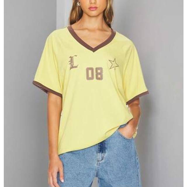 SHEIN Women&#39;s Summer Loose Tops Fashion Star Letter Print Short Sleeve V Neck T-Shirts Tunics Streetwear
