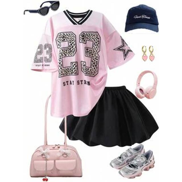 SHEIN 2pcs Tween Girls Satin & Mesh Letter Print V-Neck Loose Casual T-Shirt + Cute Bubble Skirt Tracksuit, Back To School