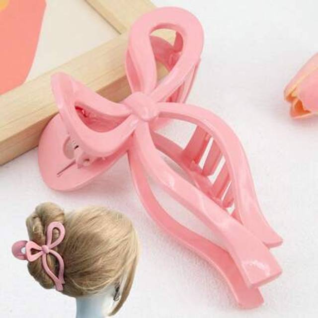 SHEIN 1pc Plastic Hair Claw Clip With 13cm Pink Ribbon Bowknot For Women&#39;s Daily Use,Pink Accessories Valentine&#39;s Day Valentines
