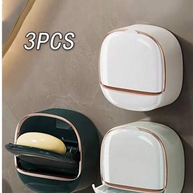 SHEIN 3pcs Deluxe Wall Mounted Soap Holder With Lid, High-End Drainage Soap Holder, Waterproof Soap Dish Storage, Suitable For Bathroom, Shower, Travel, Sch